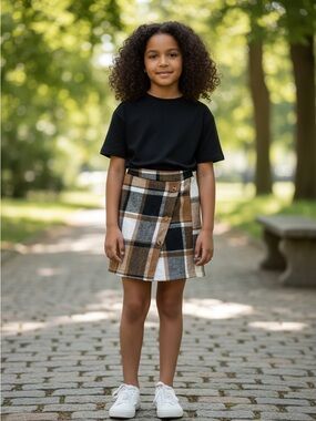 Amazon Plaid Button-Front A-Line Skirt in Brown, Black and Cream